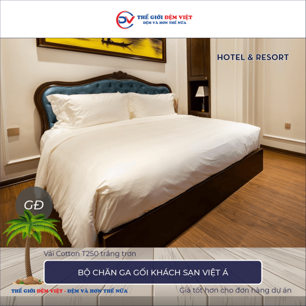 Bộ chăn ga gối khách sạn Việt Á vải Cotton T250 màu trắng trơn 4-3